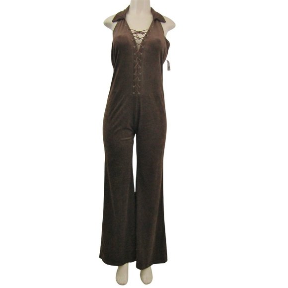 Vintage Pants - Vintage 70s 80s halter disco ultra suede lace up flare brown jumpsuit size M L